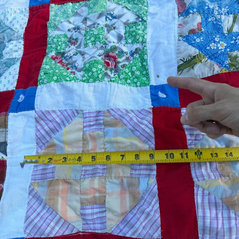 B+ Handmade Patchwork Quilt Churn Dash Scrap Floral Red Blue White 66x65 Vintage